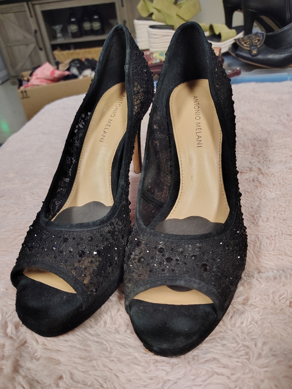 ANTONIO MELANI Black Lace Peep-Toe Embellished Heels